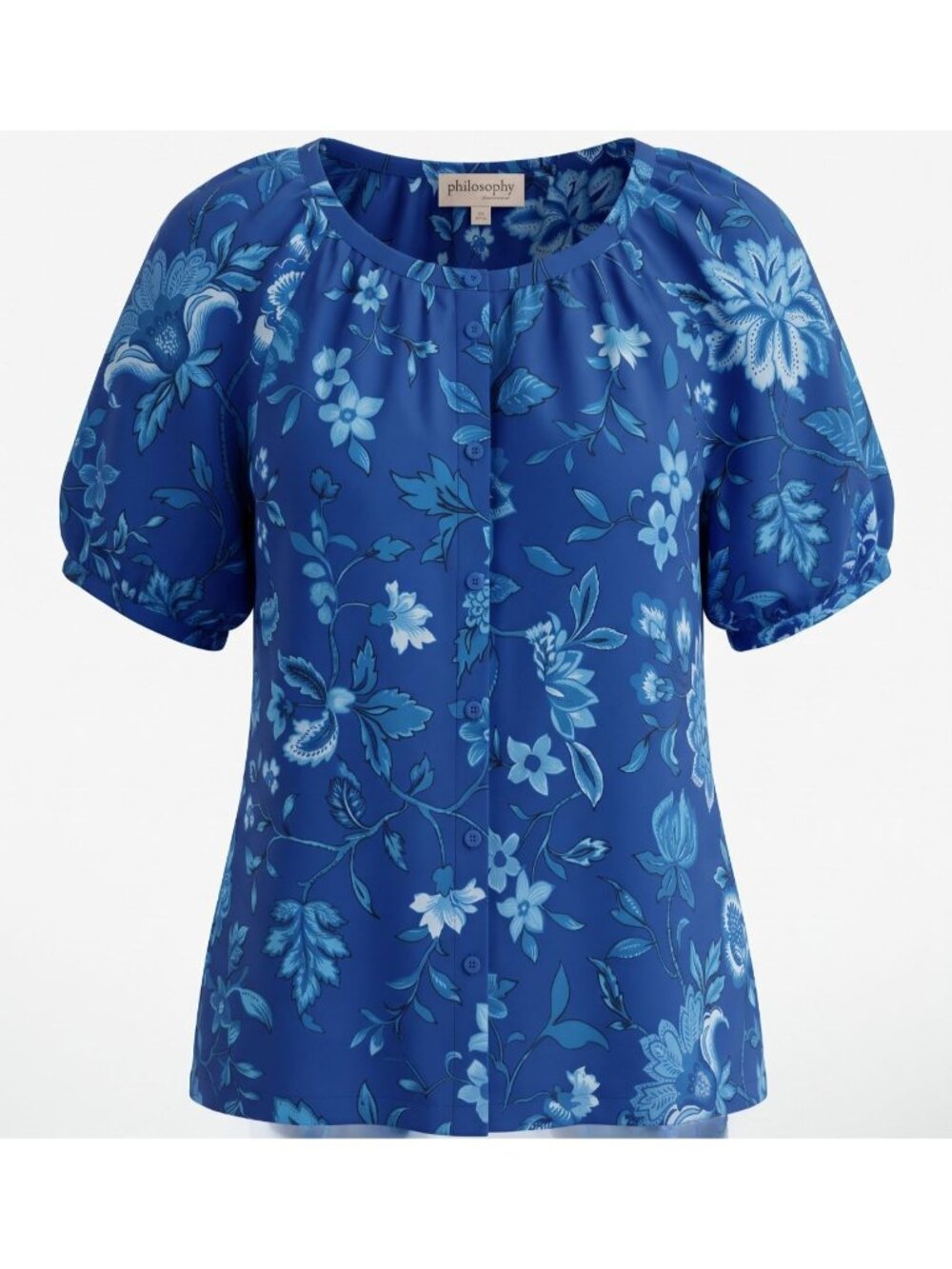 Philosophy Women Large Blue Floral Puff Sleeve Button Front 100% Cotton Blouse L